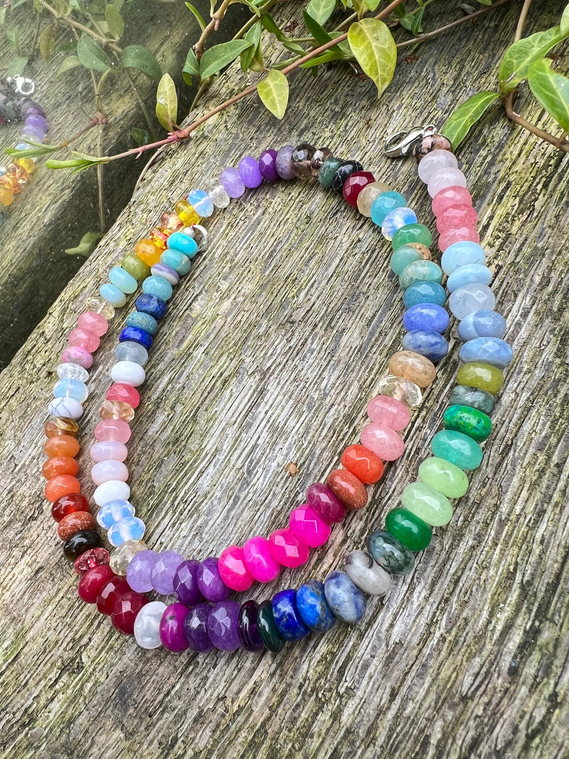 Custom Rainbow Sunset on the Beach Gemstone & Crystal Beaded Necklace Solid Sterling Silver Clasp (Gold Vermeil on request) CHAKRA