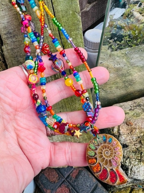 Magic Rainbow Opal Glass Ammonite beaded necklace Opal Gemstone Crystal and Vintage beads OOAK