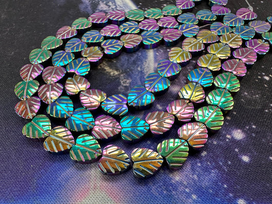 4 x Carved Rainbow Titanium Haematite leaf beads Beads 8mm / Two Tone iridescent Haematite Beads / Mystic Hematite Beads / Rainbow beads