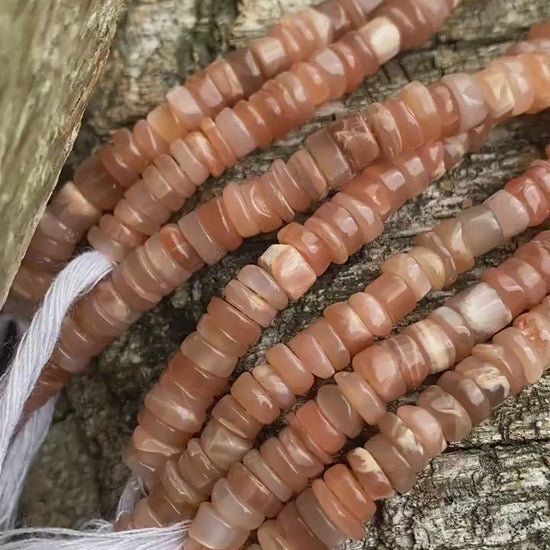 Peach, grey and white smooth hand cut moonstone rondelles / 24cm strand