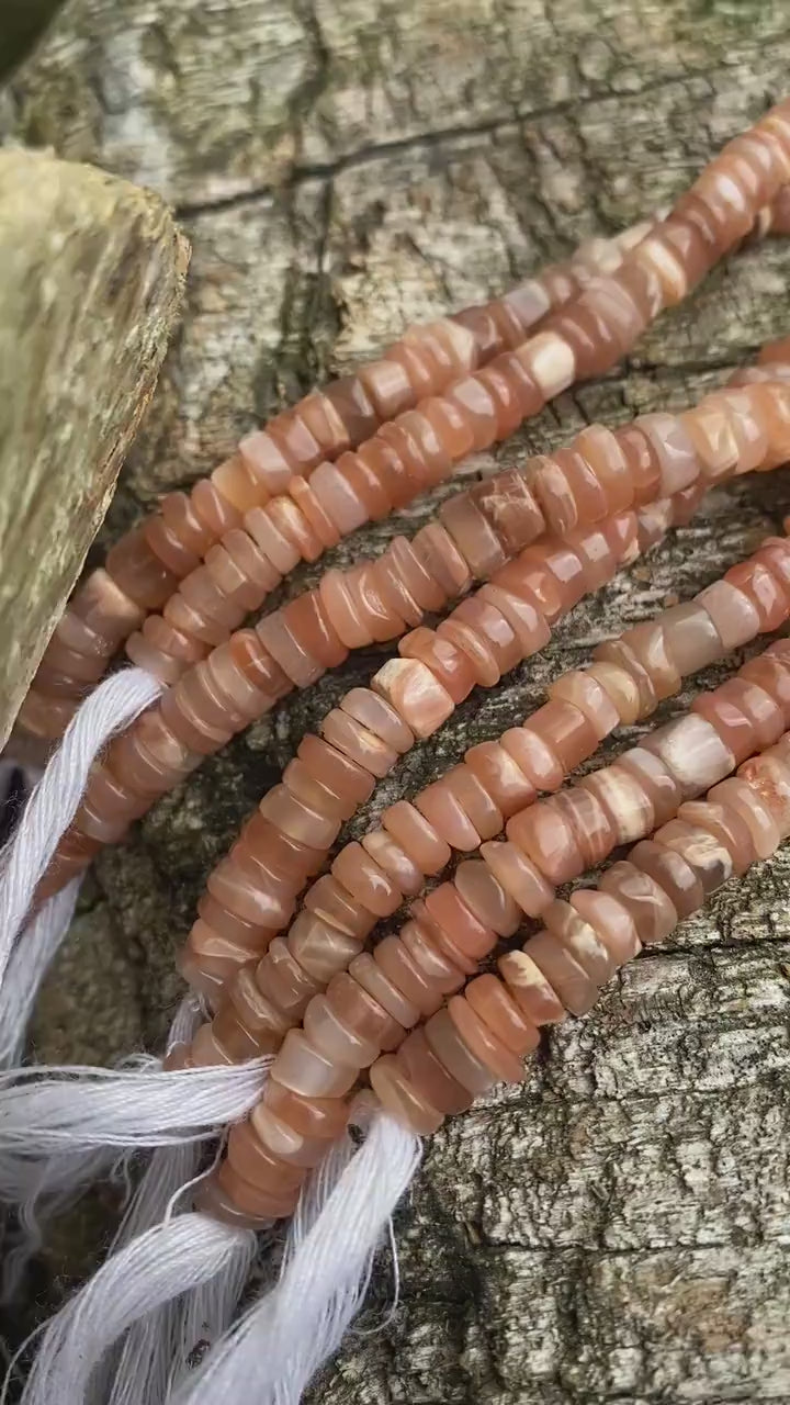 Peach, grey and white smooth hand cut moonstone rondelles / 24cm strand