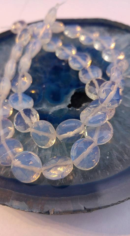 3 x 10mm Faceted Opalite CoinBeads / Lovely Glowy Moonstone Tones/ Opalite Beads / Sea Opal Beads / Opalite round Beads / Opalite 3 BEADS