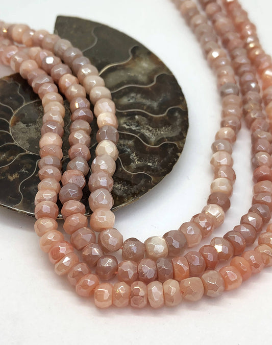 Handmade rustic Chocolate or Peach Moonstone Faceted Silvered Rondelle Round Beads Glowing Moonstone Gemstone Beads Peach 5mm, Choc 4mm