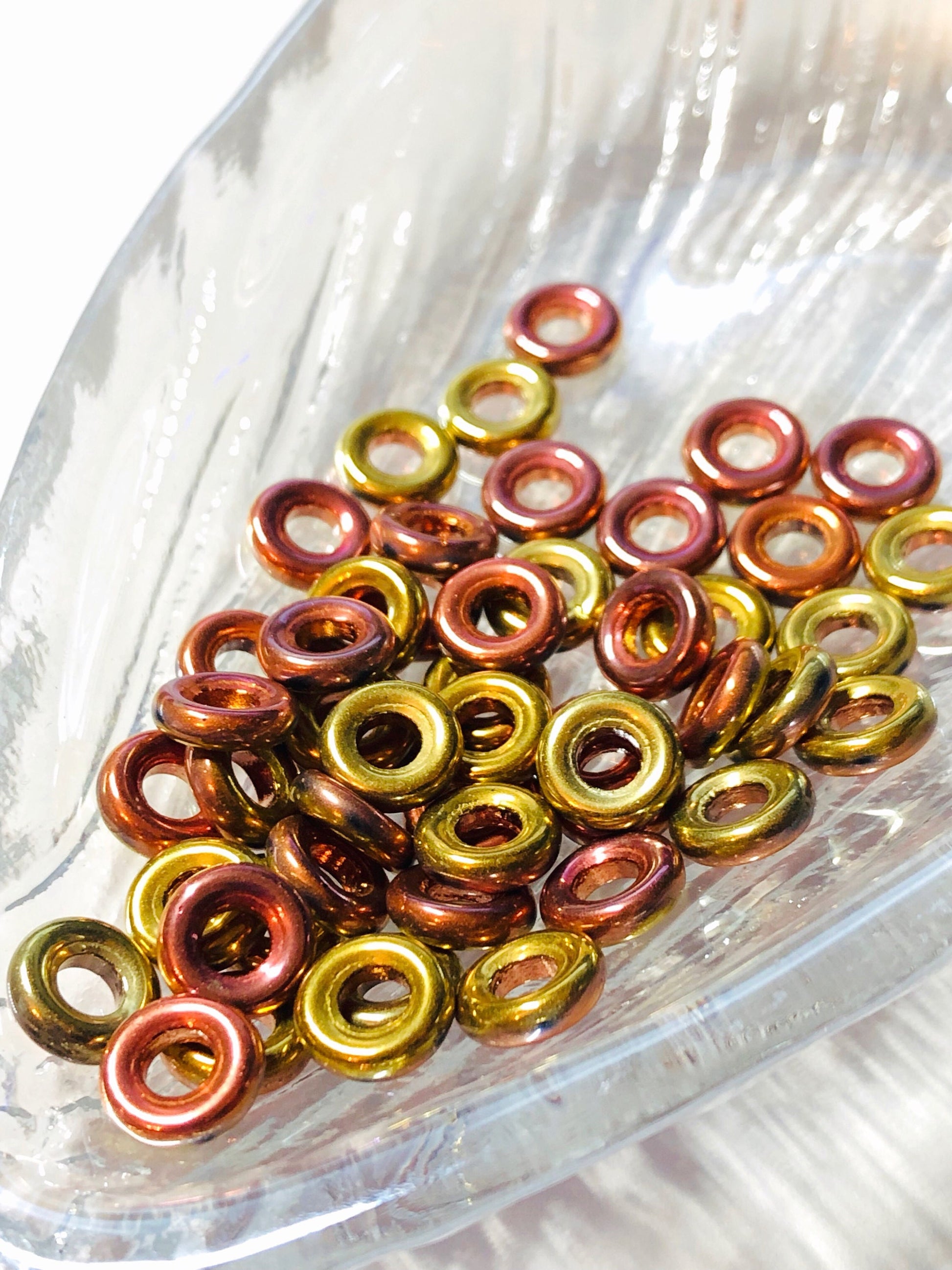 Czech Glass Loops Hoops Loopzillas Ring Bead Two tone Large Hole Round Beads Choose Colour RARE 2 bead set