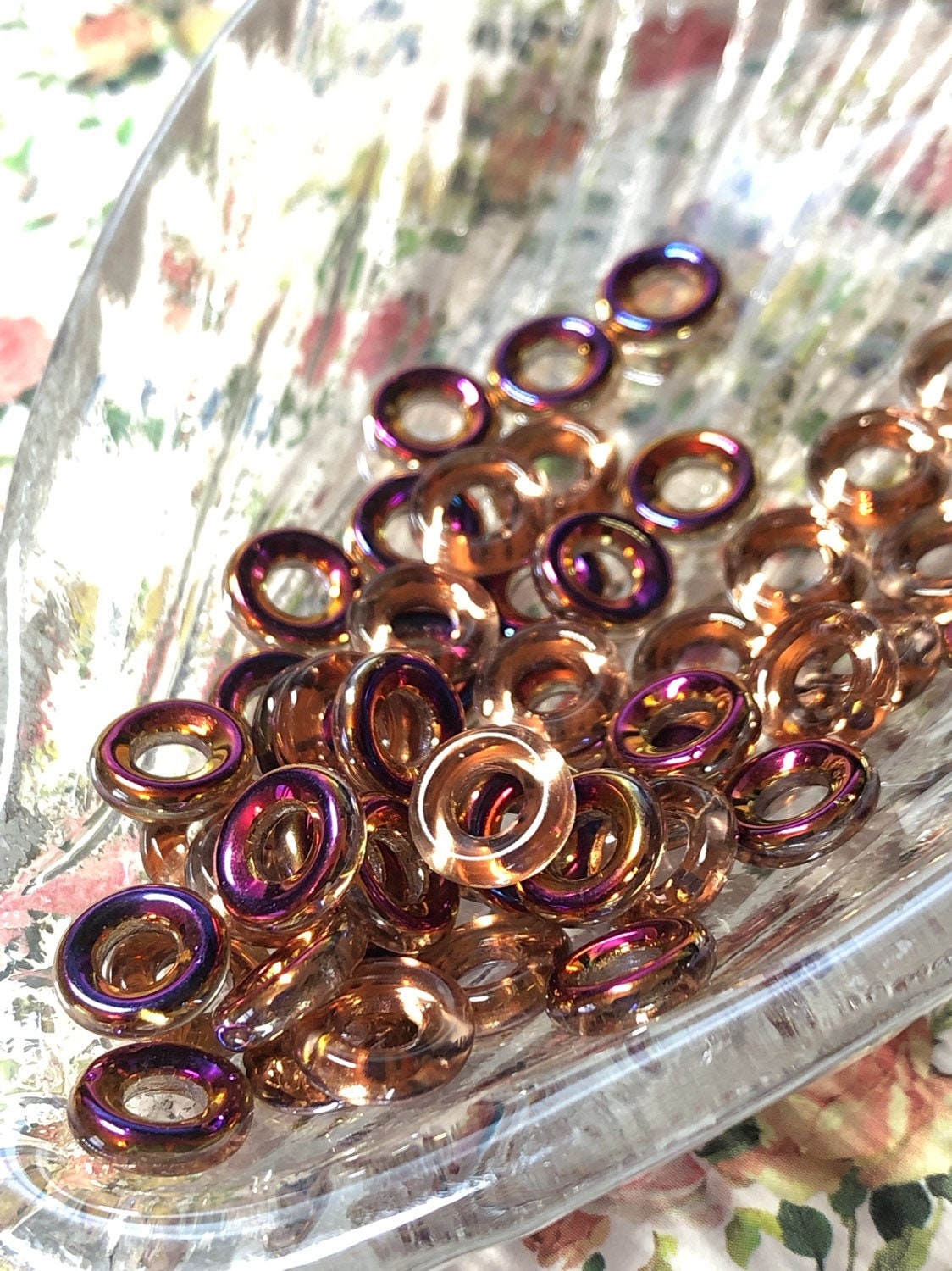 Czech Glass Loops Hoops Loopzillas Ring Bead Two tone Large Hole Round Beads Choose Colour RARE 2 bead set