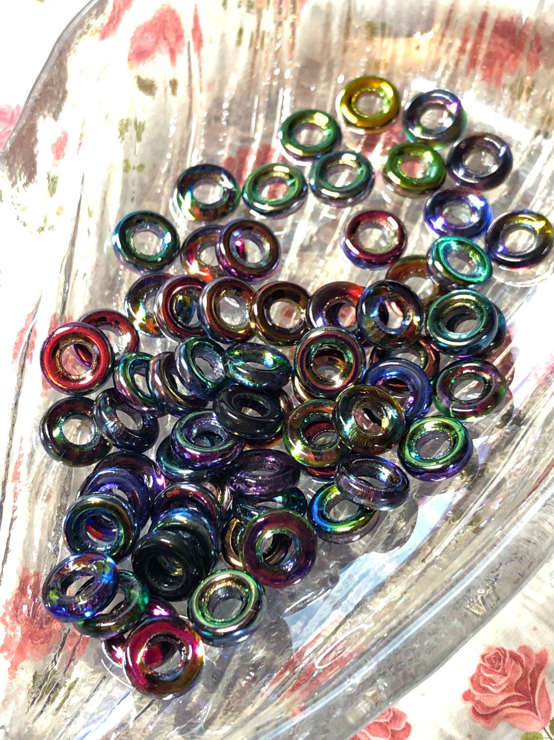 Czech Glass Loops Hoops Loopzillas Ring Bead Two tone Large Hole Round Beads Choose Colour RARE 2 bead set