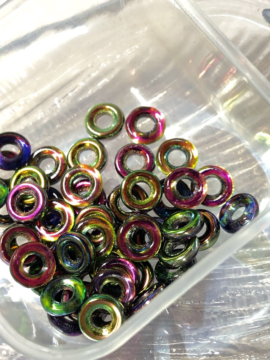 Czech Glass Loops Hoops Loopzillas Ring Bead Two tone Large Hole Round Beads Choose Colour RARE 2 bead set