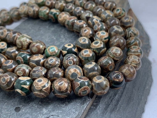 Tibetan Eye Green Brown Agate Beads 8mm / DZI Heavens Eye Beads / Gemstone Agate Round Rustic Beads / More green than pics!