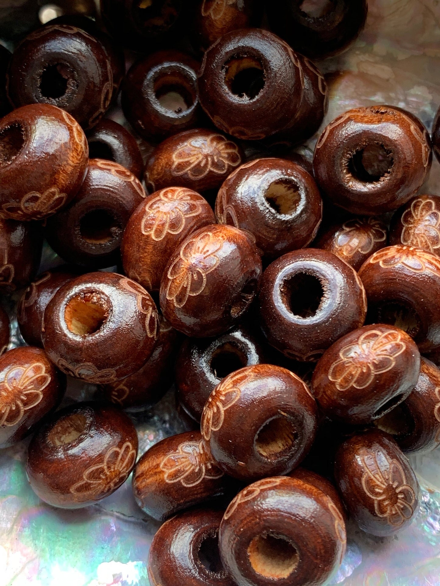 Deep brown wooden spacers rondelle beads from Bali etched flower design.15x10mm