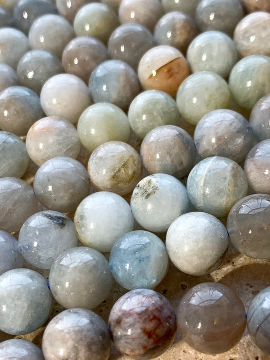 Natural Blue Round Aquamarine beads / 12 mm approx/ Soft Pale multi tone Gemstone Beads / Beryl