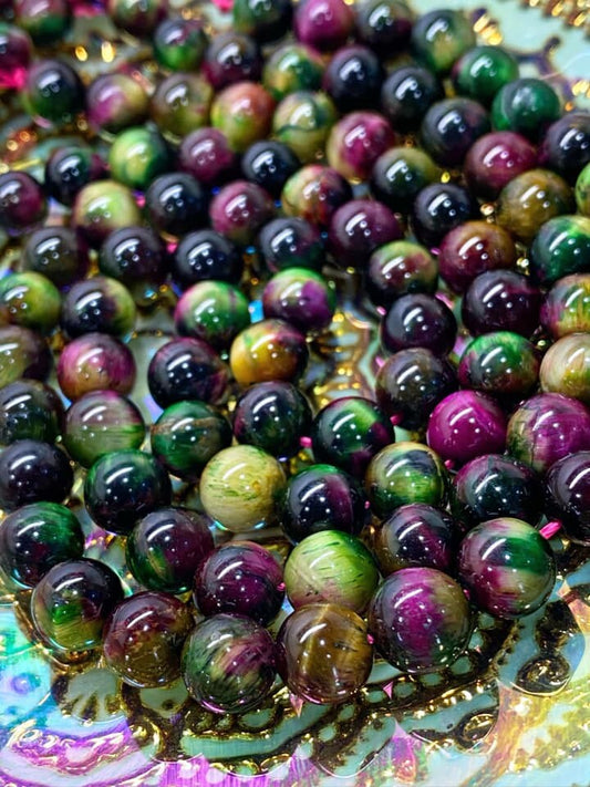 Rosy Apple Purple Green Brown Tigers Eye Shimmering Round Tiger Eye Beads / Gemstone Beads 8mm