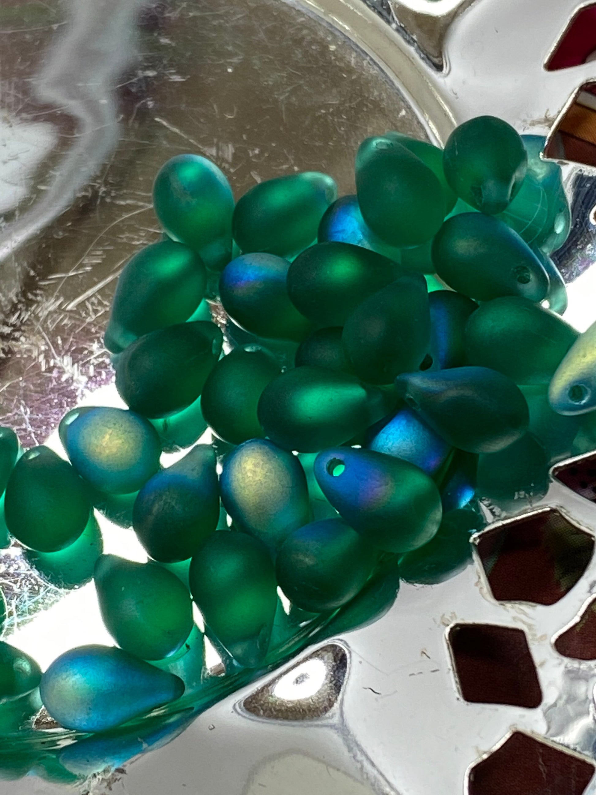 Amazing Glowy Firepolished Teal Green Matte Czech Glass Drops 6 x 9 mm / 4 beads / Teardrops Briolette Drop Beads / crystal glass