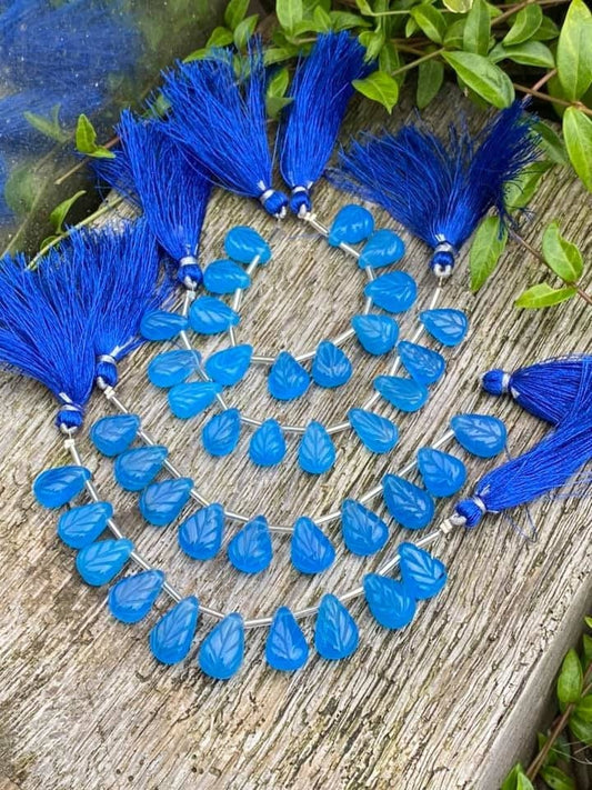 Blue Chalcedony Hand Carved Leaf Leaves Briolette Beads 13-15mm approx / 10 leaf strand