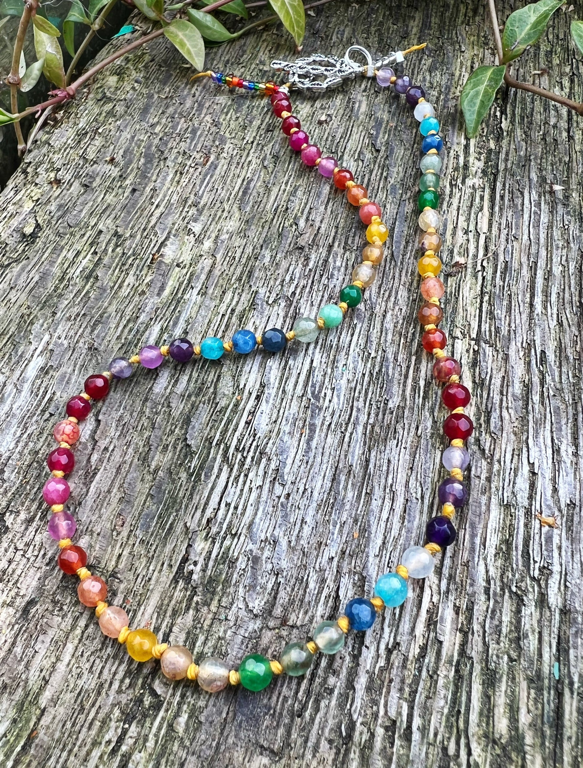 Custom Rainbow Multi Gemstone Beaded Necklace One of a Kind Handmade - made to order CHAKRA balance knotted 4mm