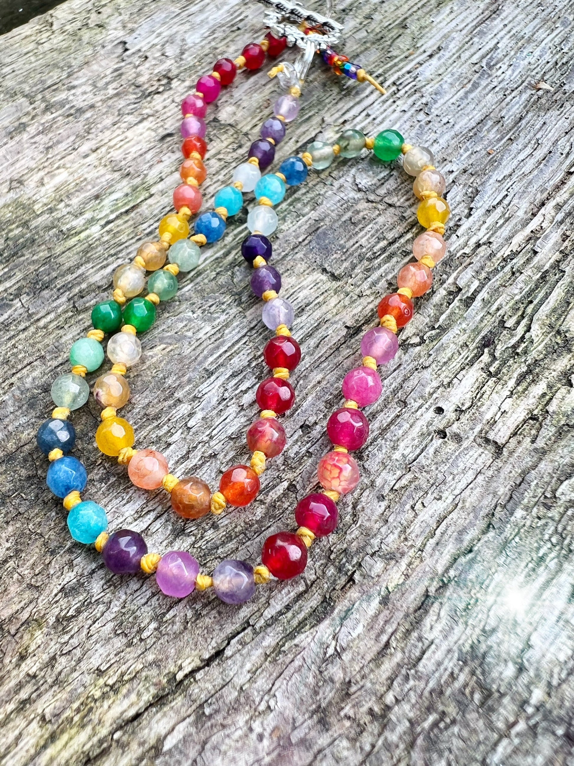 Custom Rainbow Multi Gemstone Beaded Necklace One of a Kind Handmade - made to order CHAKRA balance knotted 4mm