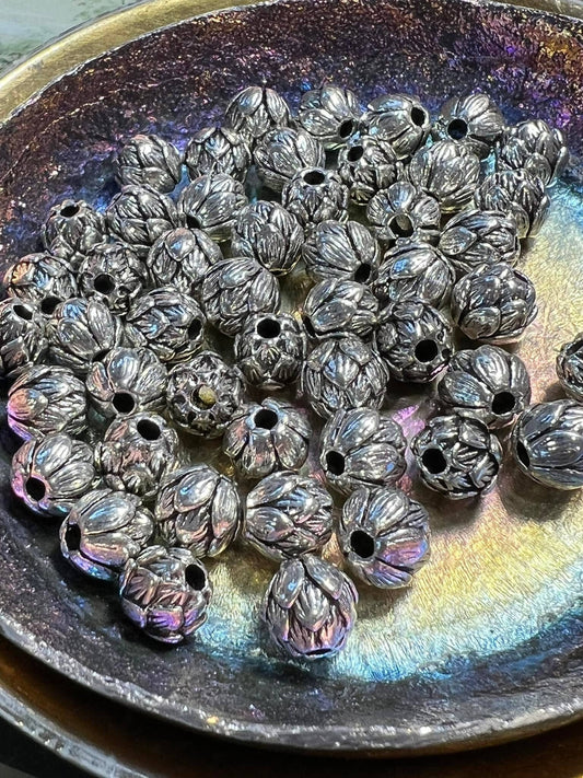 1 x Silver plated Lotus beads 10mm / 1 bead / Small order / Spacer beads / Mala beads Large hole