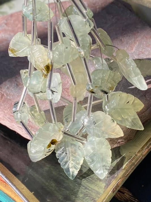 Rustic natural with inclusions clear green lime hand carved glowy Prehnite hand carved focal leaves 14-23mm