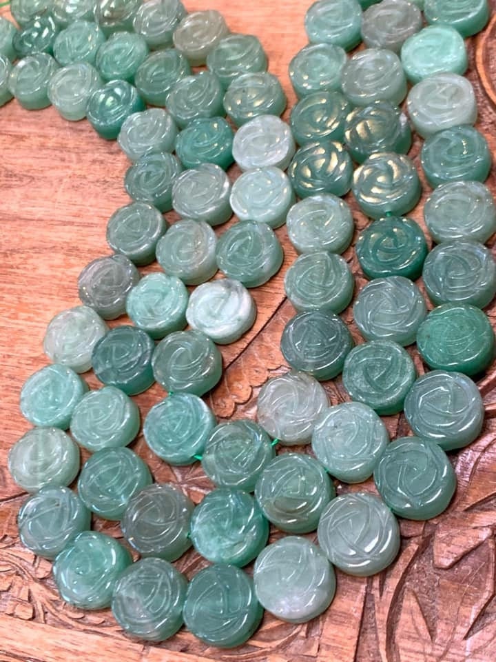 Green Aventurine Carved Rose Flower Beads / Rustic Flower Beads 14mm, 1mm hole size