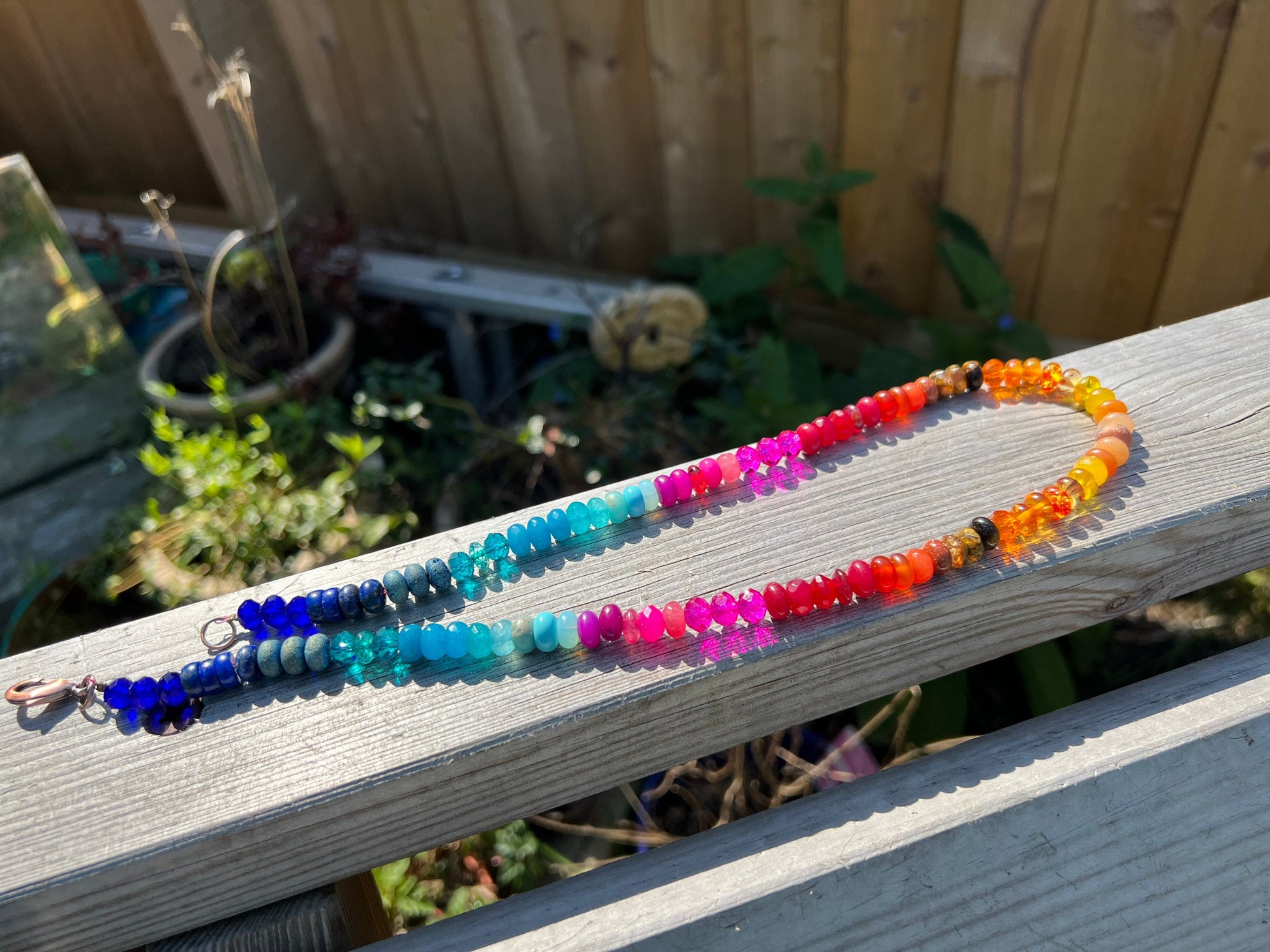 Custom Rainbow Sunset on the Beach Gemstone & Crystal Beaded Necklace Solid Sterling Silver Clasp (Gold Vermeil on request) CHAKRA