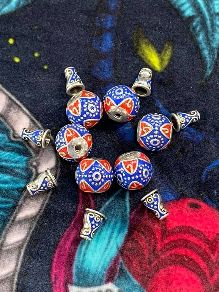 1 Set of Gorgeous enamelled silver plated Guru beads for mala ends (2 piece set, beads and cap) Large hole 1 SET