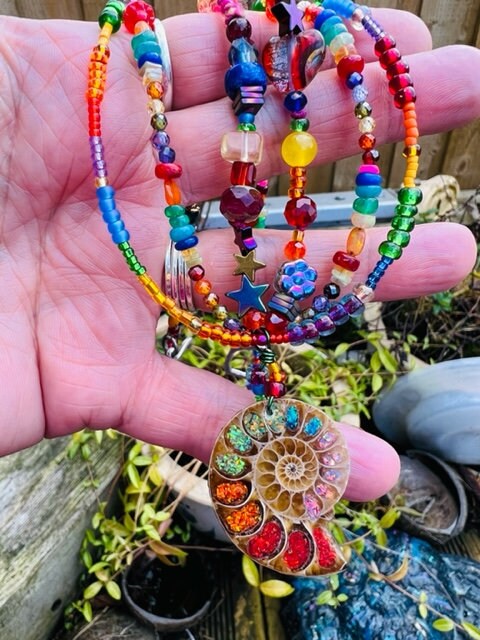 Magic Rainbow Opal Glass Ammonite beaded necklace Opal Gemstone Crystal and Vintage beads OOAK