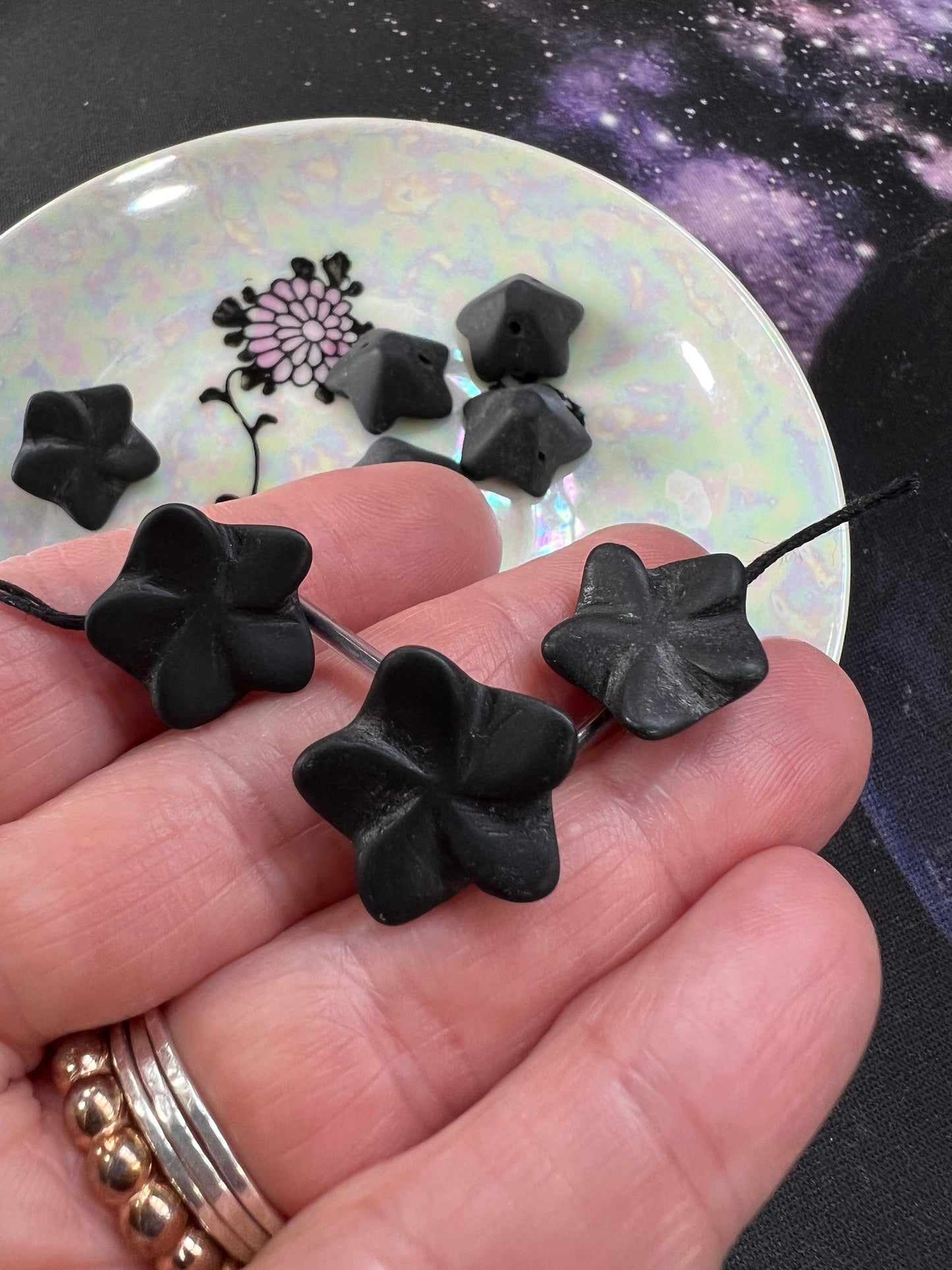 Carved Matte Onyx Flower beads drilled across the back Black Gemstone Beads / 18mm / 1 bead