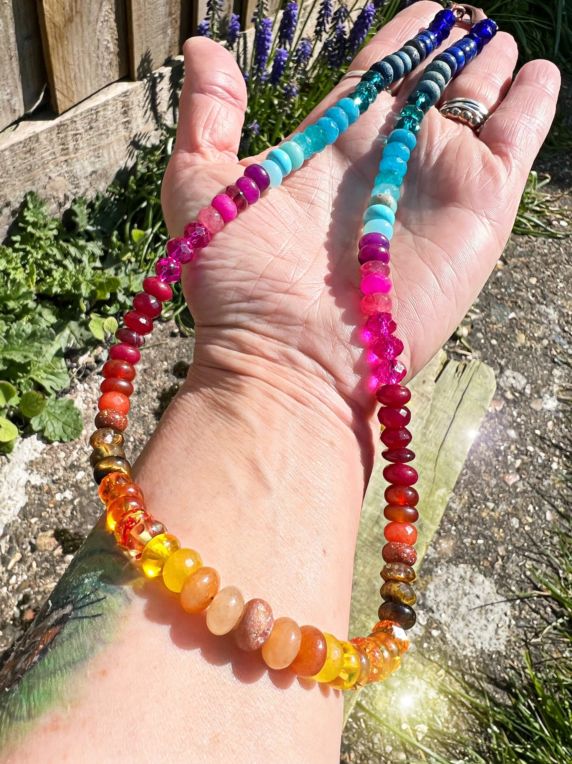 Custom Rainbow Sunset on the Beach Gemstone & Crystal Beaded Necklace Solid Sterling Silver Clasp (Gold Vermeil on request) CHAKRA