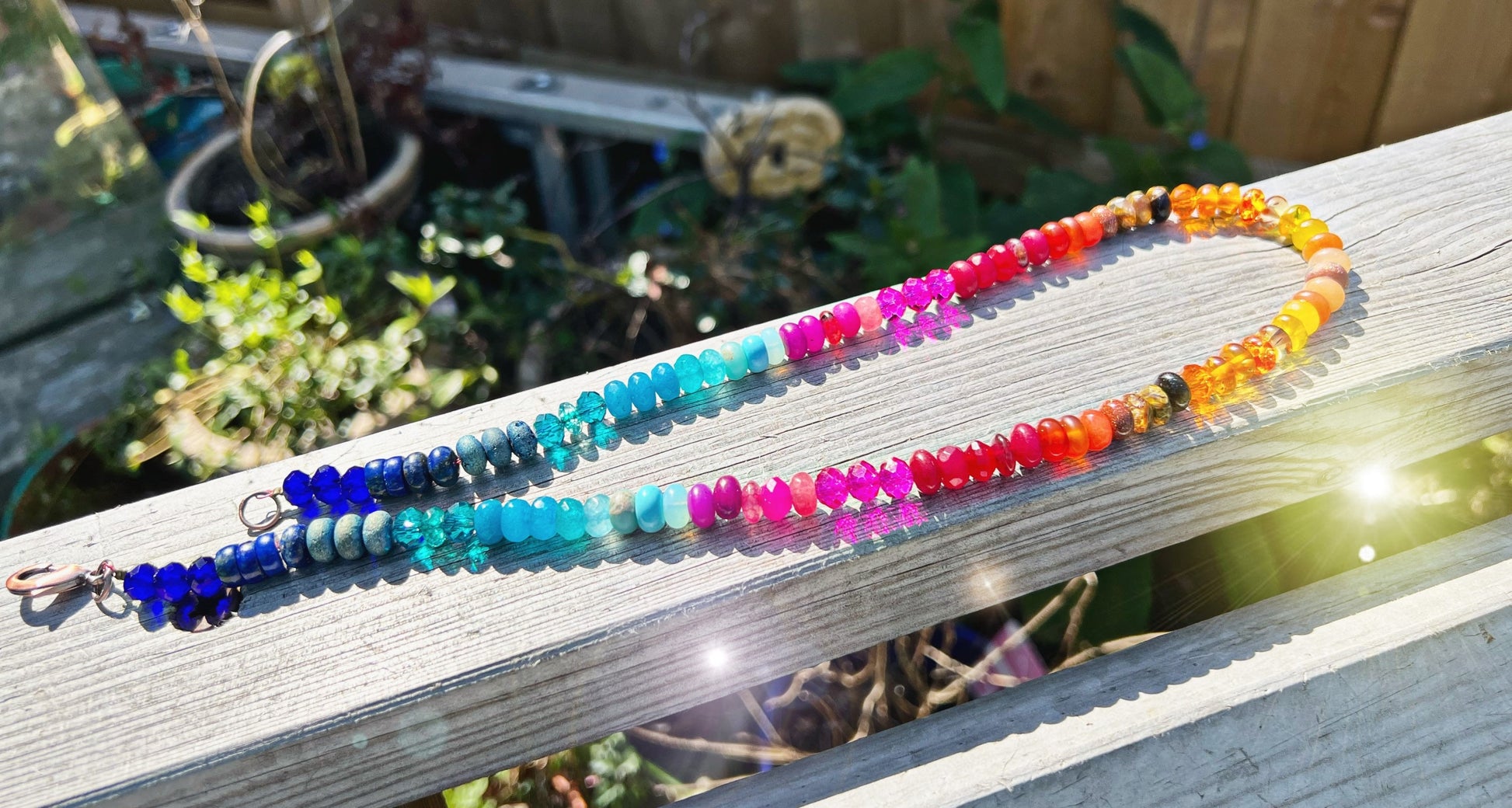 Custom Rainbow Sunset on the Beach Gemstone & Crystal Beaded Necklace Solid Sterling Silver Clasp (Gold Vermeil on request) CHAKRA