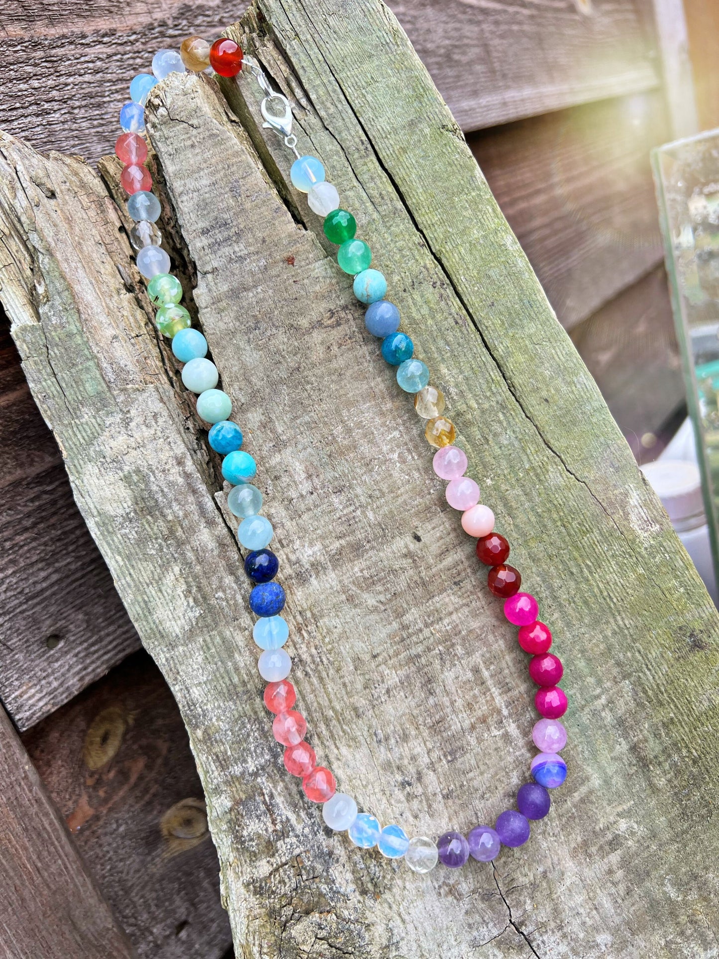 Custom Round Beads Rainbow Multi Gemstone Beaded Necklace - made to order CHAKRA balance 8mm