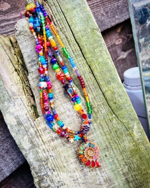 Magic Rainbow Opal Glass Ammonite beaded necklace Opal Gemstone Crystal and Vintage beads OOAK