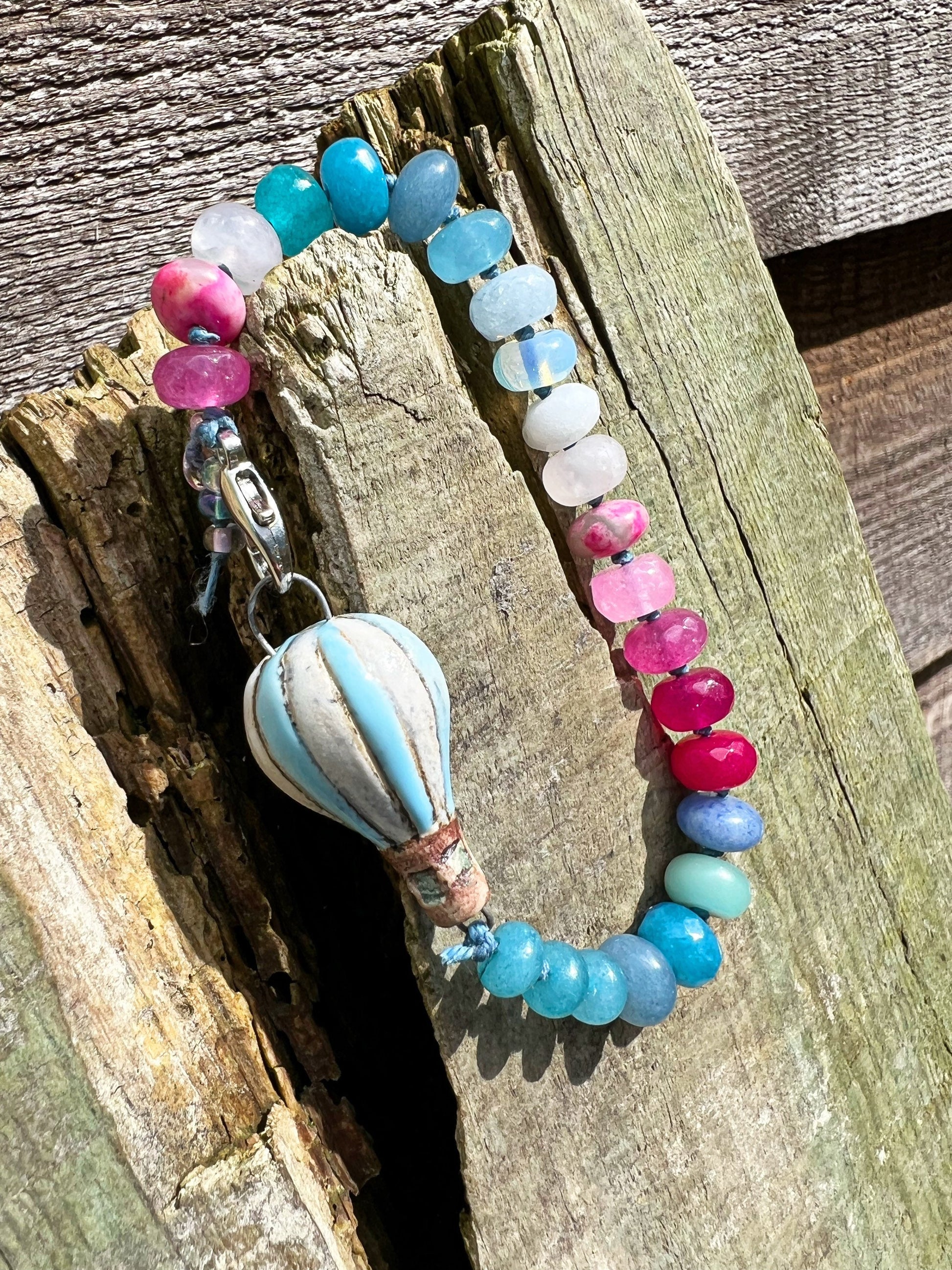 Custom Brights Glowy Pink Blue Multi Gemstone Hot Air Balloon Beaded Knotted Bracelet made to order 8mm Handmade Balloon by Nitta Elomäki