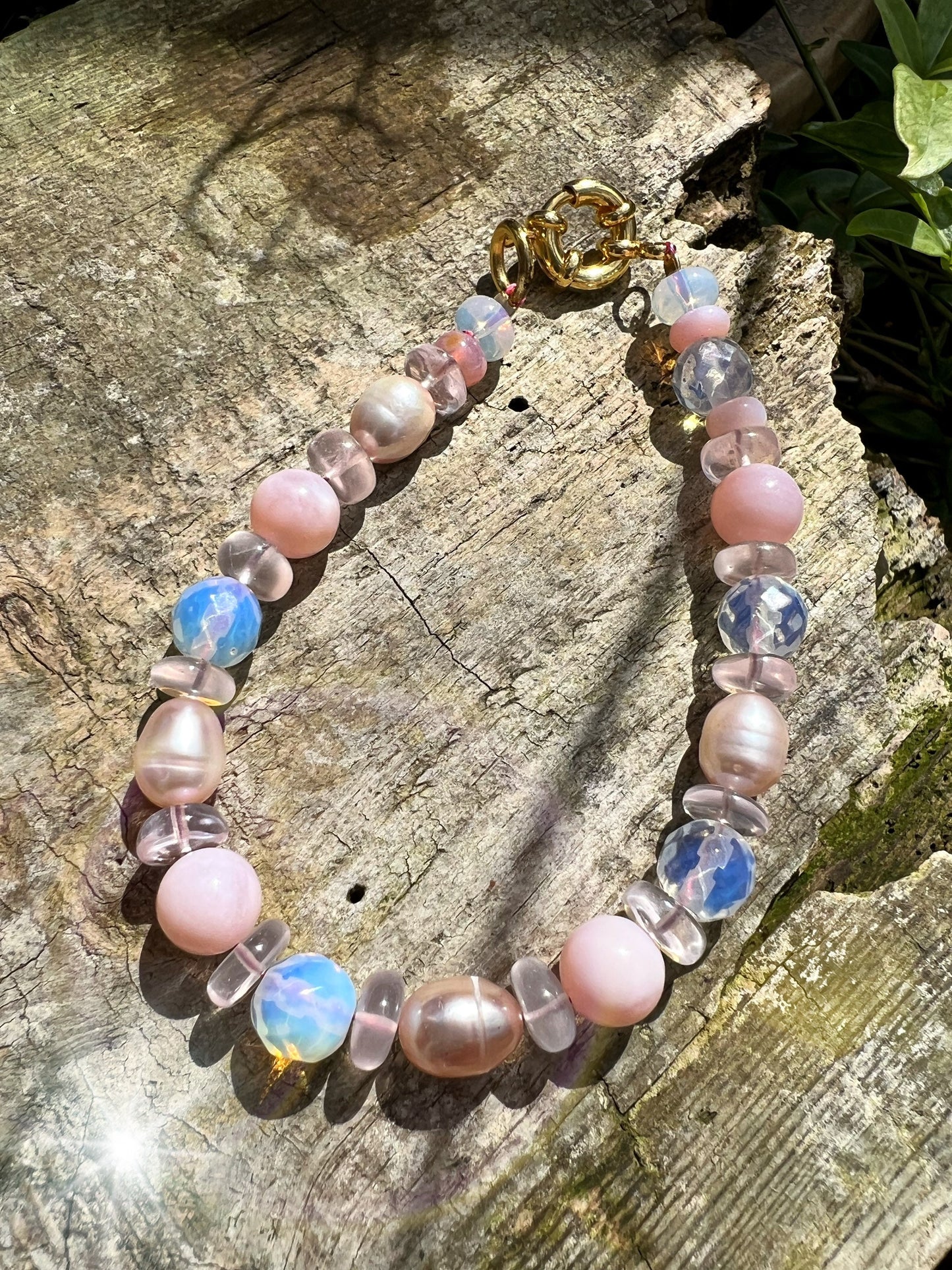 Custom made Blush Beach soft Glowy Opal Rose Quartz Opalite and Freshwater Pearl Beaded Bracelet