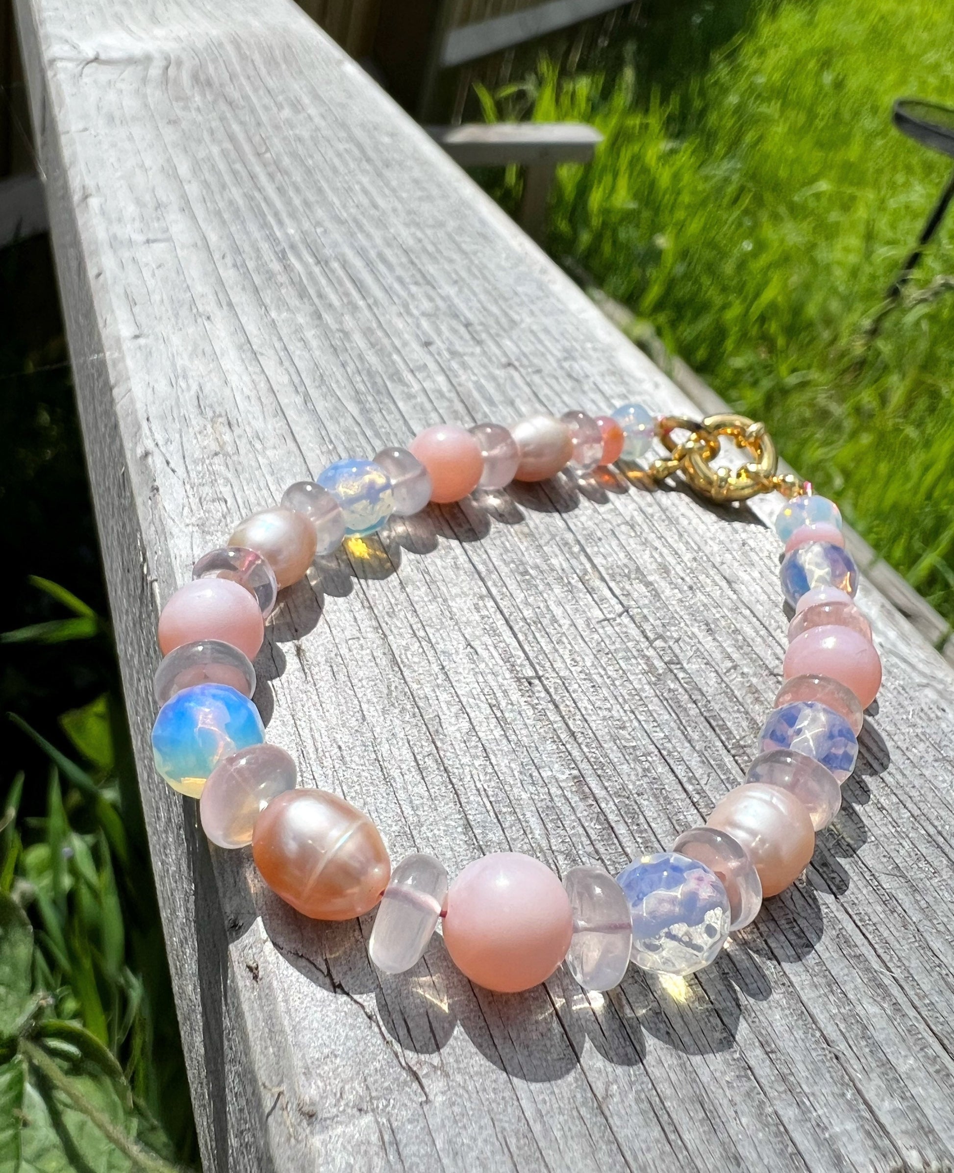 Custom made Blush Beach soft Glowy Opal Rose Quartz Opalite and Freshwater Pearl Beaded Bracelet