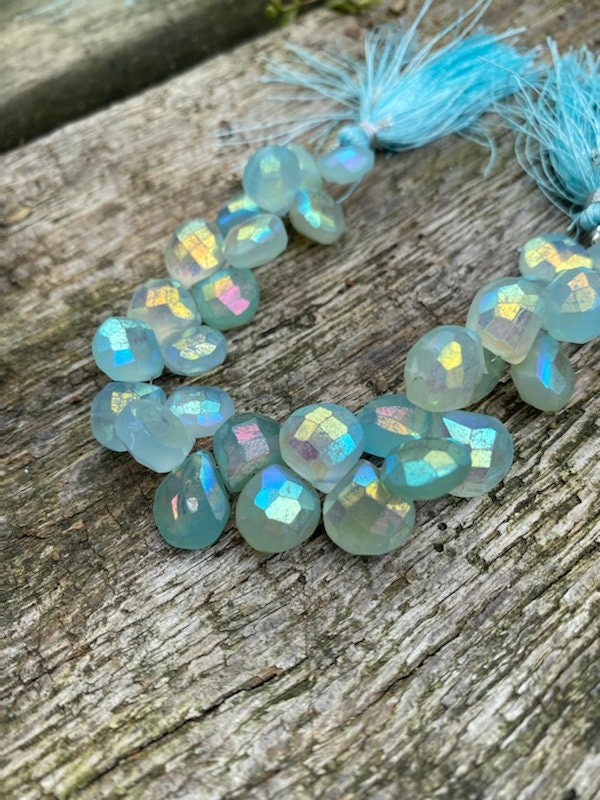 Natural Rustic Aqua Mystic AB Coated Chalcedony Faceted Handcut Briolette beads 10-12mm approx CHOOSE QUANTITY heart briolettes