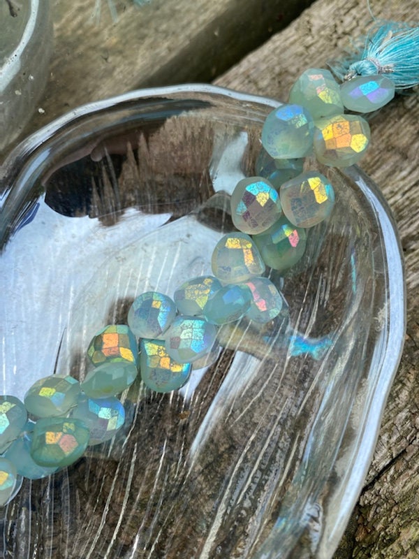 Natural Rustic Aqua Mystic AB Coated Chalcedony Faceted Handcut Briolette beads 10-12mm approx CHOOSE QUANTITY heart briolettes