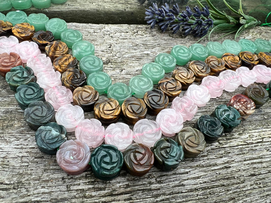 Gemstone Carved Rose Flower Focal Beads Double Backed / Rustic Flower Beads 14mm, 1mm hole size