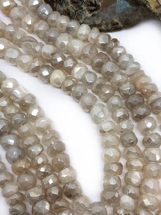 Handmade rustic Silvered White Moonstone Faceted Silvered Rondelle Round Beads Glowing Moonstone Gemstone White 5-6mm