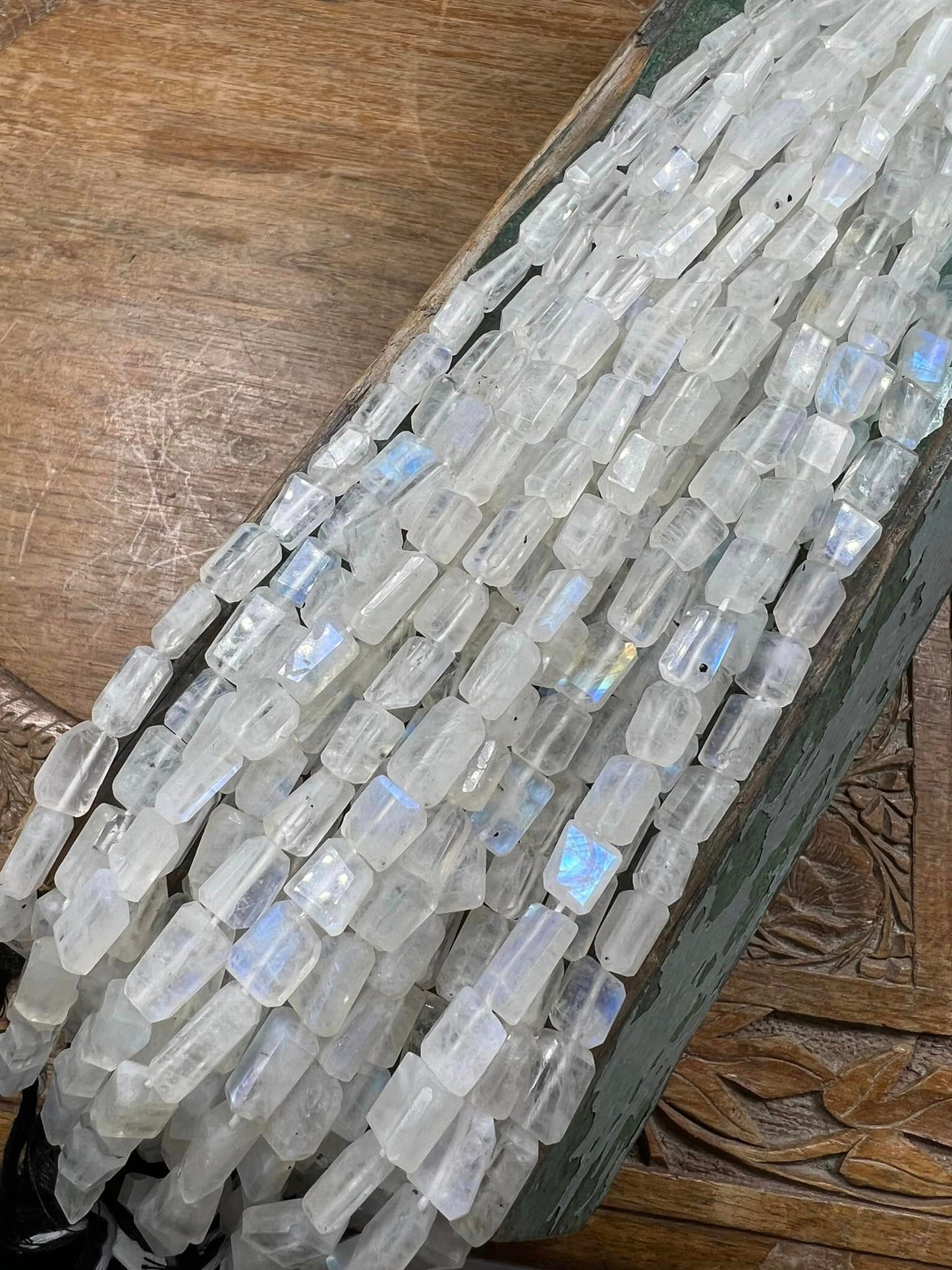 Mesmerising Flashy Natural Rainbow Moonstone Natural Rustic Step Cut Rectangle Beads Handcut / 10-12mm approx / 20cm strand