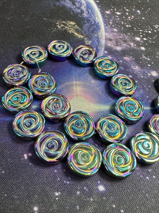 4 x Carved Rainbow Titanium Haematite Rose Flower focal beads Beads 12m / Two Tone iridescent Haematite Beads / Mystic Hematite Beads