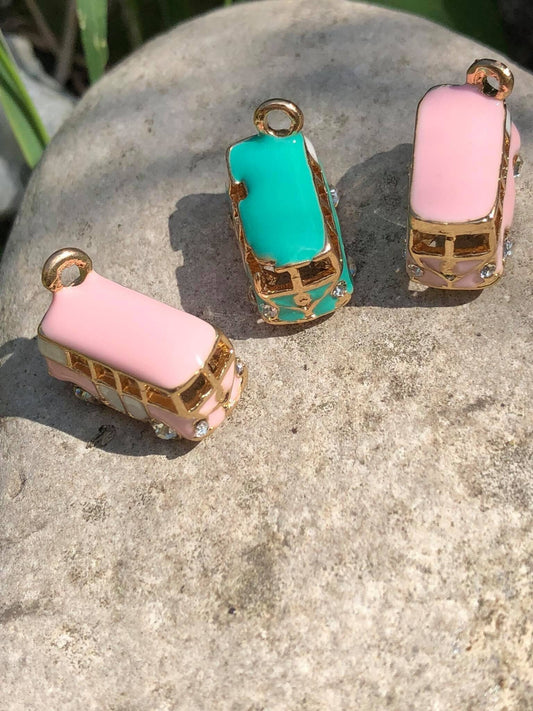 One Gorgeous Enamelled Pink or Blue turquoise Aqua cute Camper Van charms, Gold Plated 20mm Crystal sparkly inset