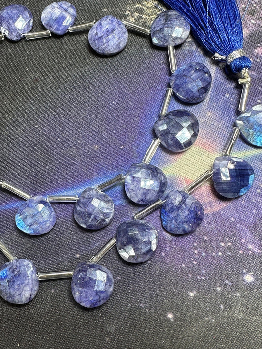 Unique RUSTIC Hand Faceted Wisteria Blue Moonstone focal brios TEARDROP heart beads 12 mm Pits , fissures, natural lines