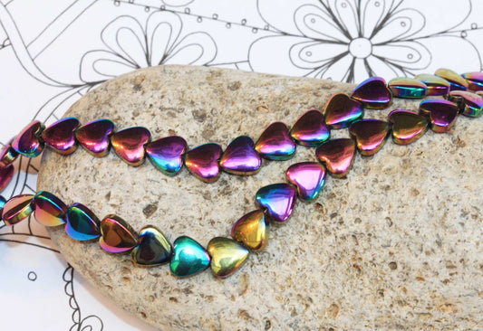 Rainbow Titanium Plated Haematite Hearts 8mm SET of 6 beads Wonderful Shine Multi Tones