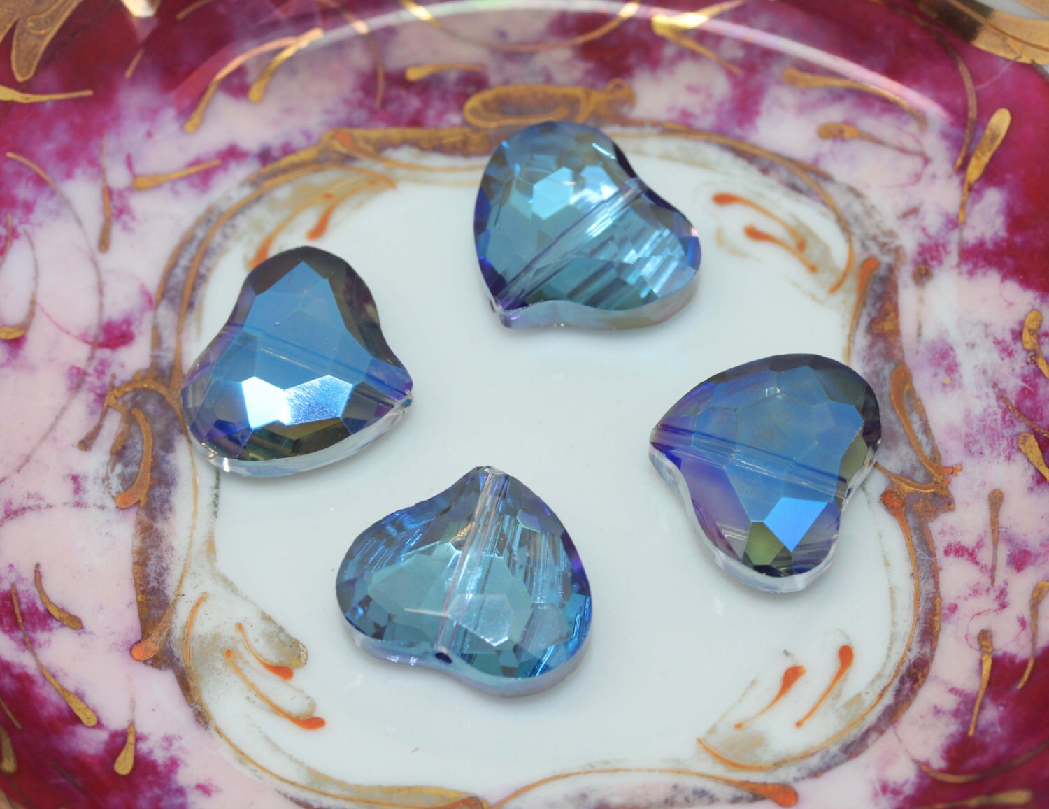 2 X Blue Magic Crystal Vitrail Heart Beads 18 x 16 mm / Two Tone Crystal Beads / Heart Beads / Mystic Crystal Heart Beads